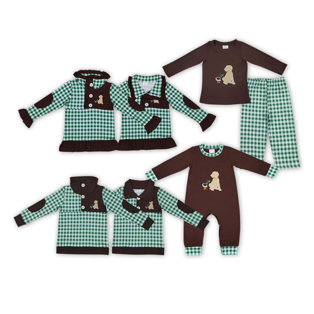 Sibling Baby Boys Girls Brown Green Long Sleeves Embroidery Duck Dog Clothes Set