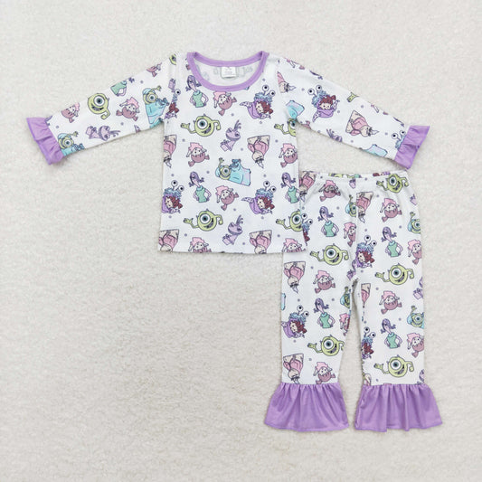 GLP1424 Baby Girls Cartoon Monster Long Sleeve Bamboo Pajama Set