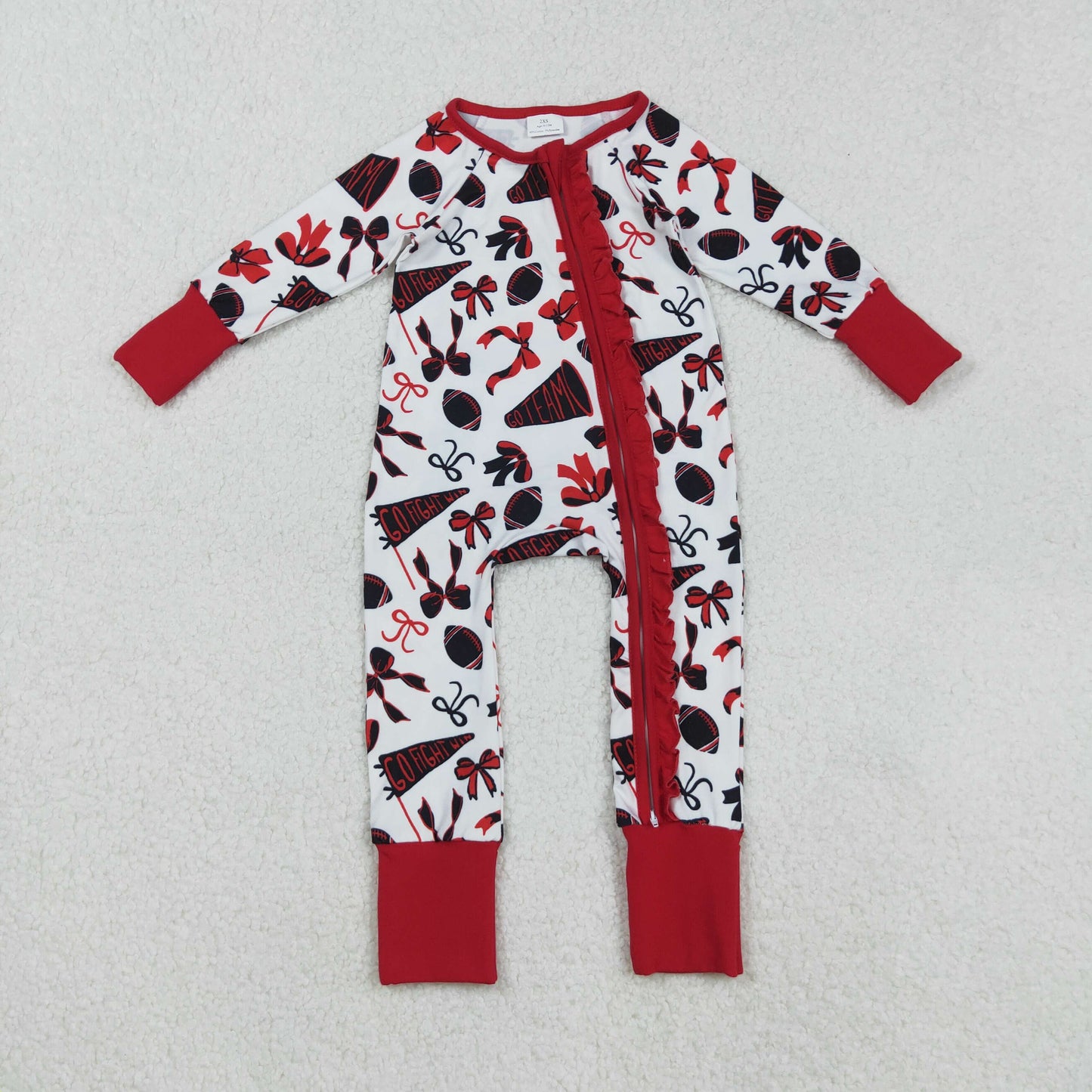 LR2512 Baby Girls Football Team Long Sleeve Red Zipper Romper
