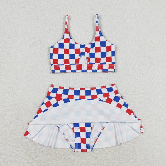 Baby Girls July 4th Red Blue Checker Two pieces Swimsuits