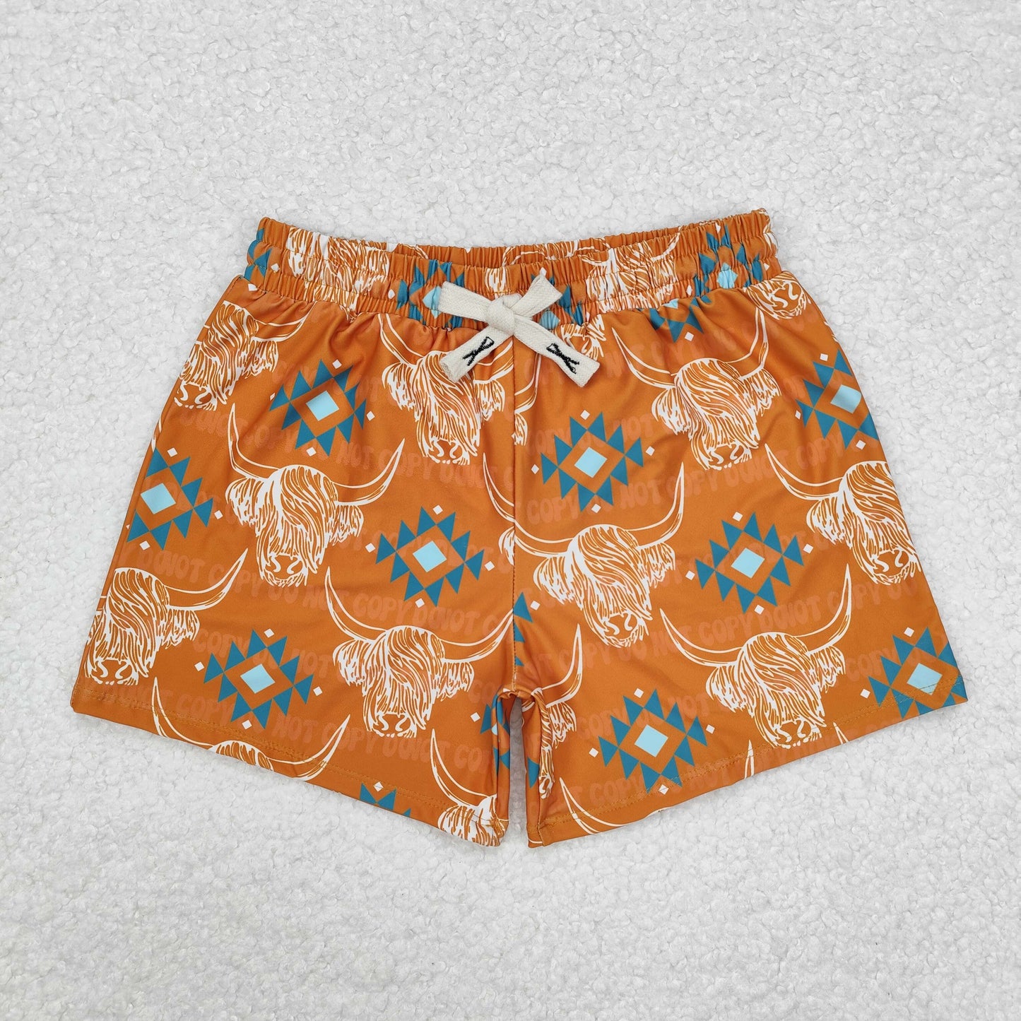 Kids Boys Orange Aztec Bull Skulls Print Swimming Trunks Summer Shorts