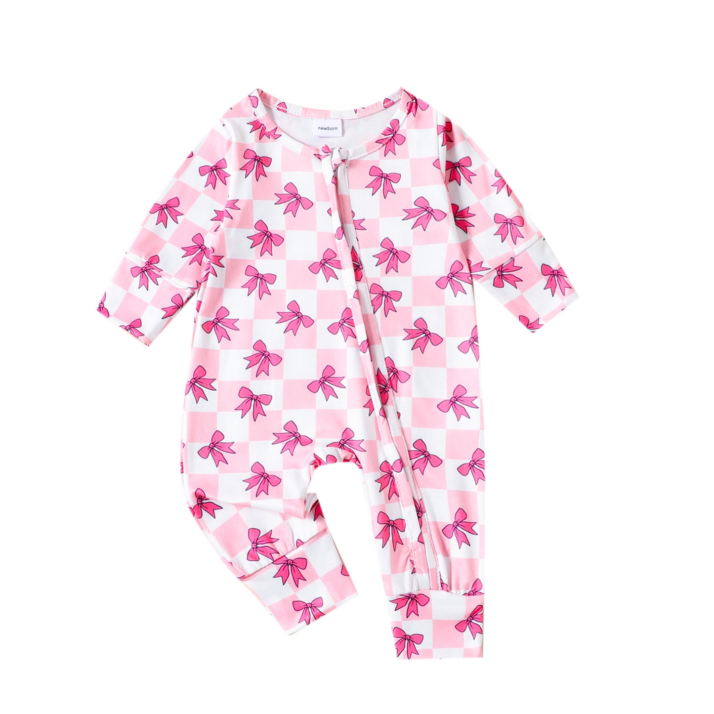 3 MOQ  Baby Girls Cite Bow Pink Checker Zip Romper Pre-order