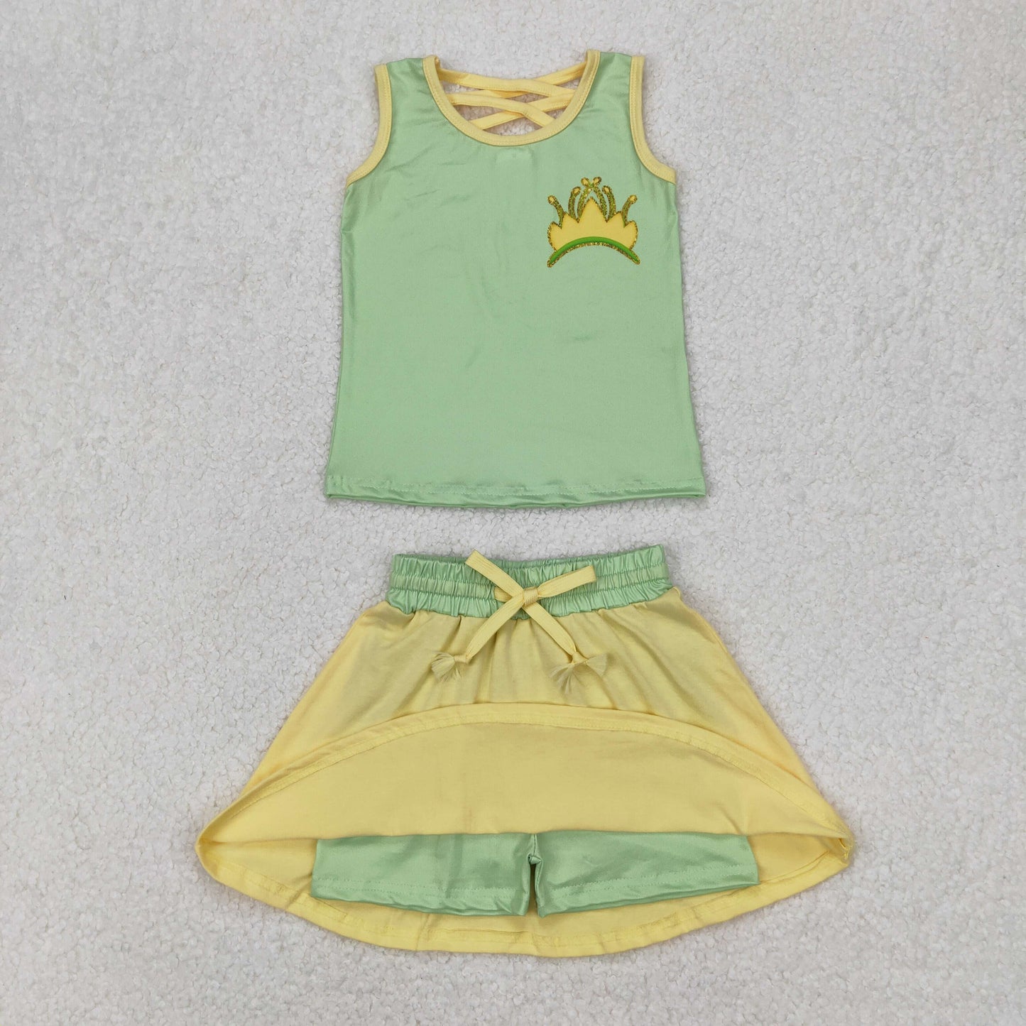 Baby Girls Green Sleeveless Crown Top Yellow Patchwork Skort Set