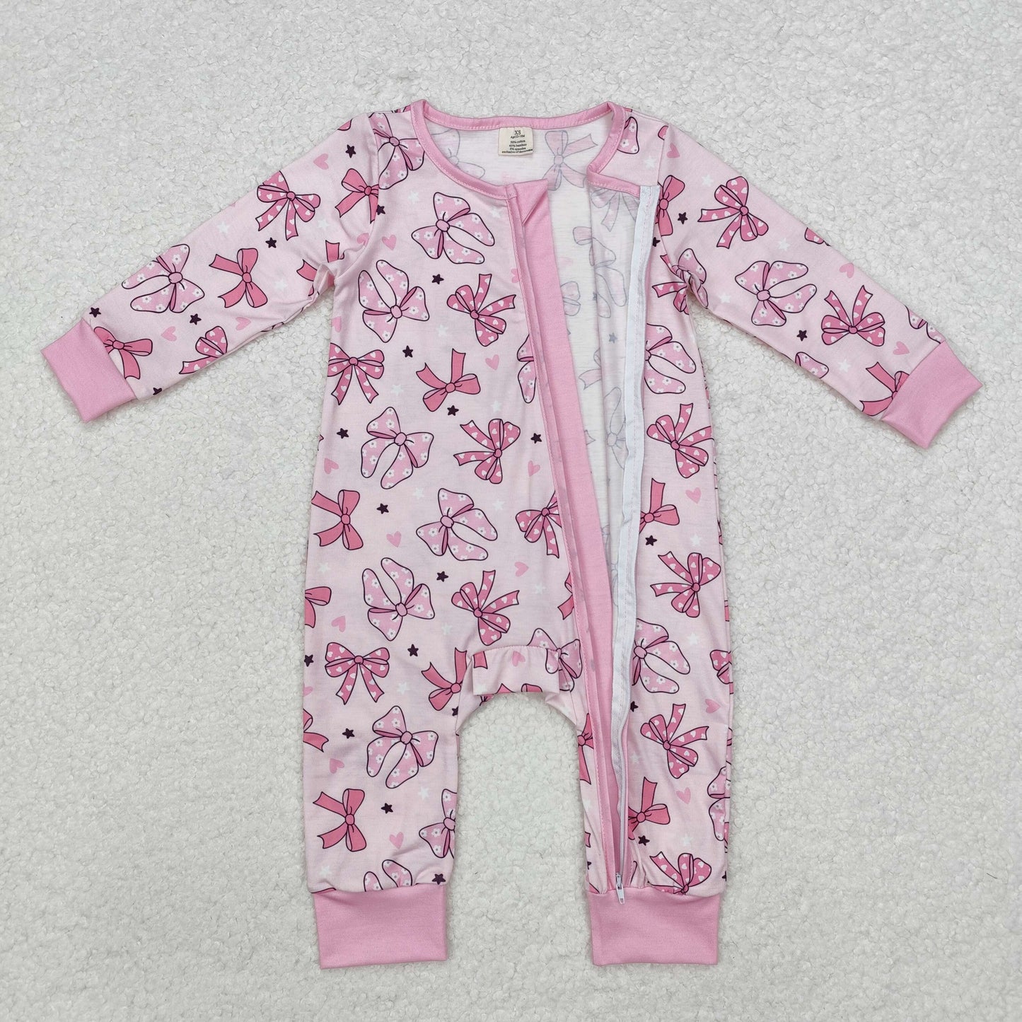 LR1608 Newborn Baby Girls Pink Bow Zipper Bamboo Romper