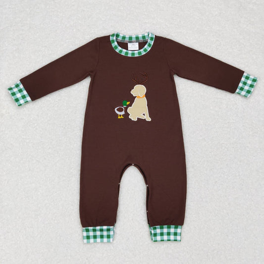 Baby Boys Brown Long Sleeve Embroidery Duck Dog Romper