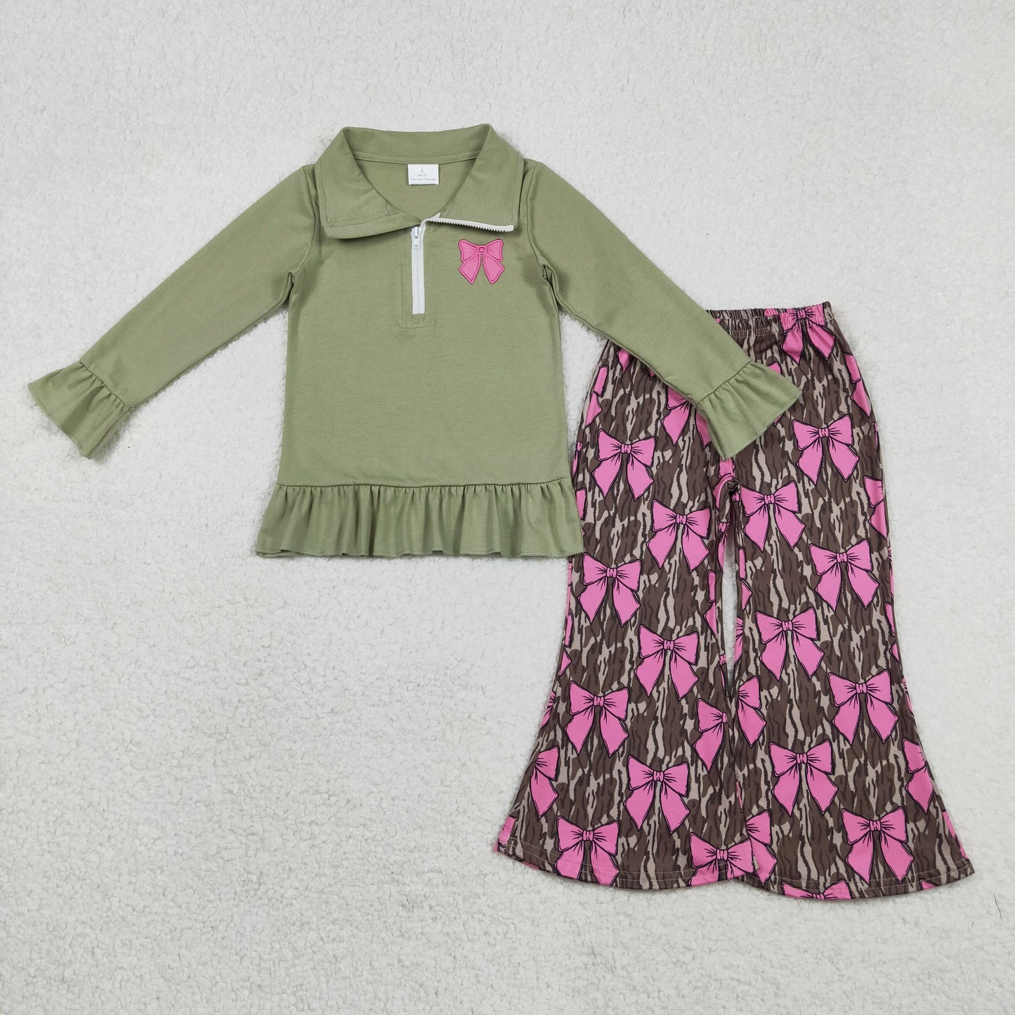 Hot Pink Print Pullover Top With Camo Bell Pants Set For Kids Girls
