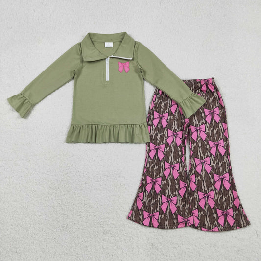 Hot Pink Print Pullover Top With Camo Bell Pants Set For Kids Girls