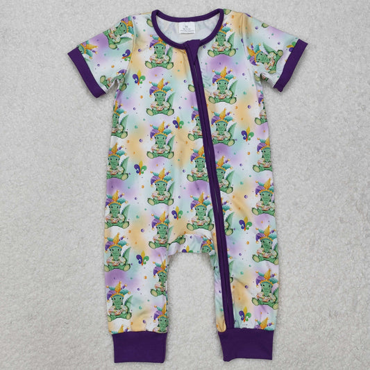 Baby Boys Purple Short Sleeves Crocodiles Print Mardi Gras Zipper Romper