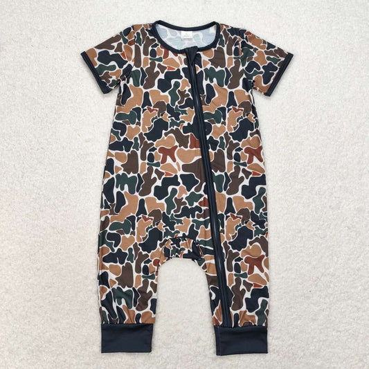 Newborn Boys  Green Camo Long Sleeve Bamboo Romper