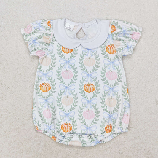 Newborn Baby Girls Pink Pumpkin Blue Bow Romper