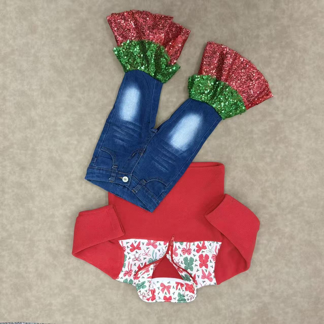 Baby Girls Christmas Bow Pullover Top With Sequin Pants Outfit