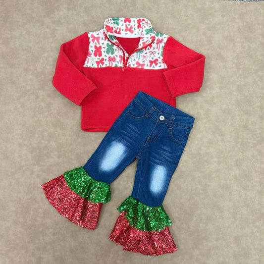 Baby Girls Christmas Bow Pullover Top With Sequin Pants Outfit
