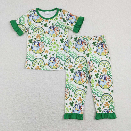 GSPO1112 Kids Girls Sister Dog St. Patrick's Day Matching Pants Set