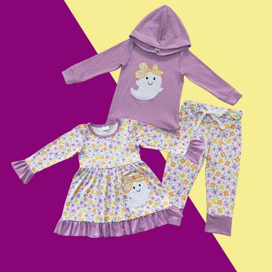 Sibling Toddler Girls Sister Boo Violet Hoodie Top Set and Floral Dress