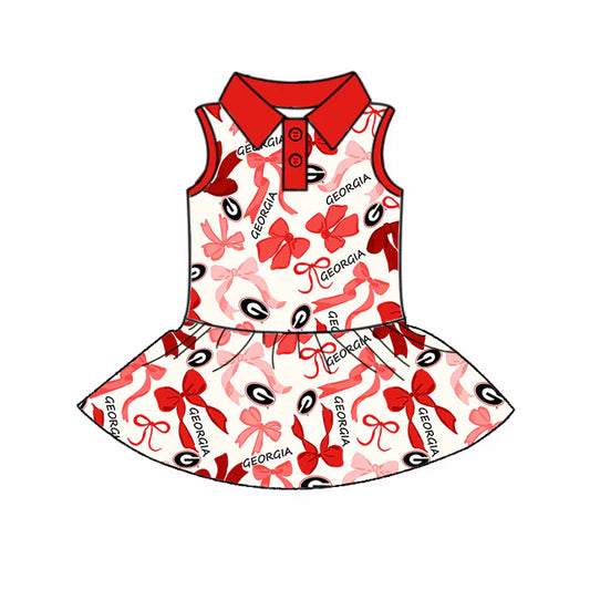 Preorder  5 MOQ，Baby Girls Red Sleeveless Bows Georgia Button Team Knee Length Dress