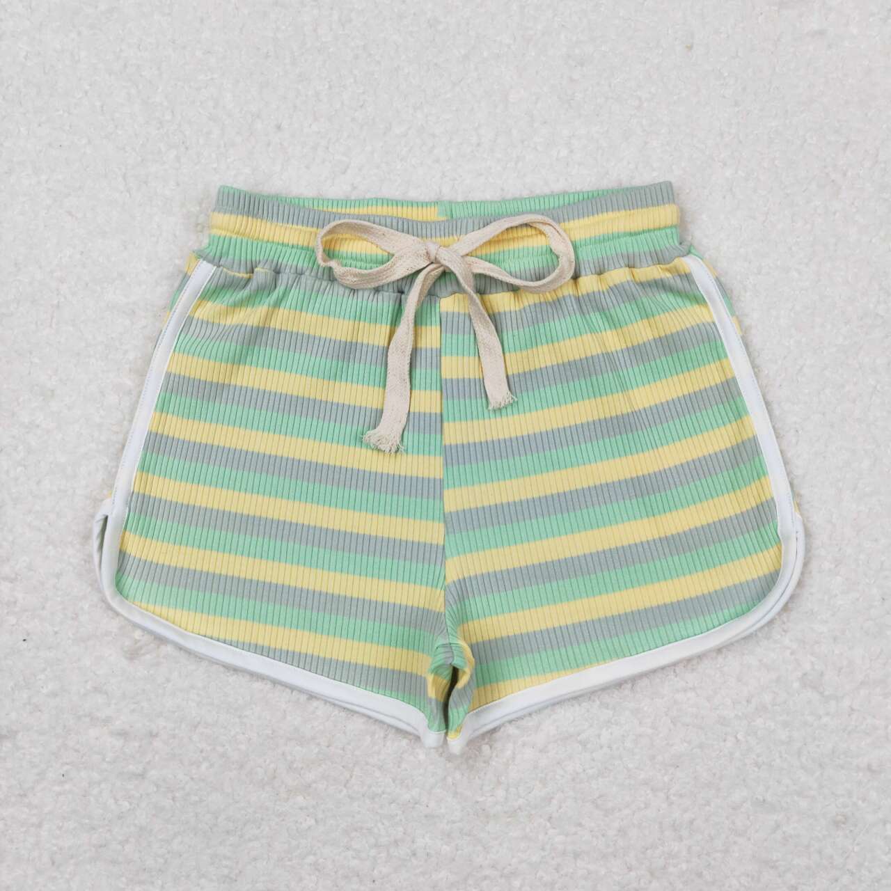 Kids Girls  Yellow Green Color Striped Cotton Shorts