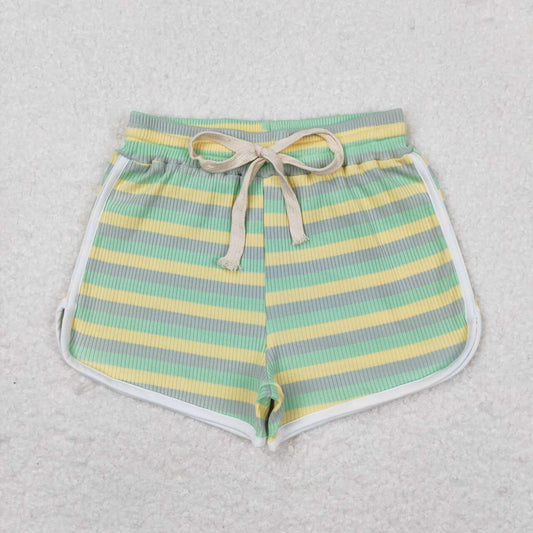 Kids Girls  Yellow Green Color Striped Cotton Shorts