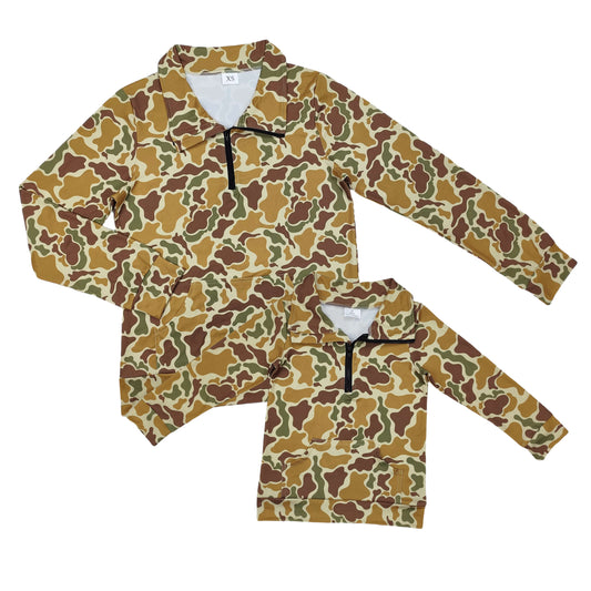 Mommy and Me Dark Green Camo Half Zipper Long Sleeve Pullover Top