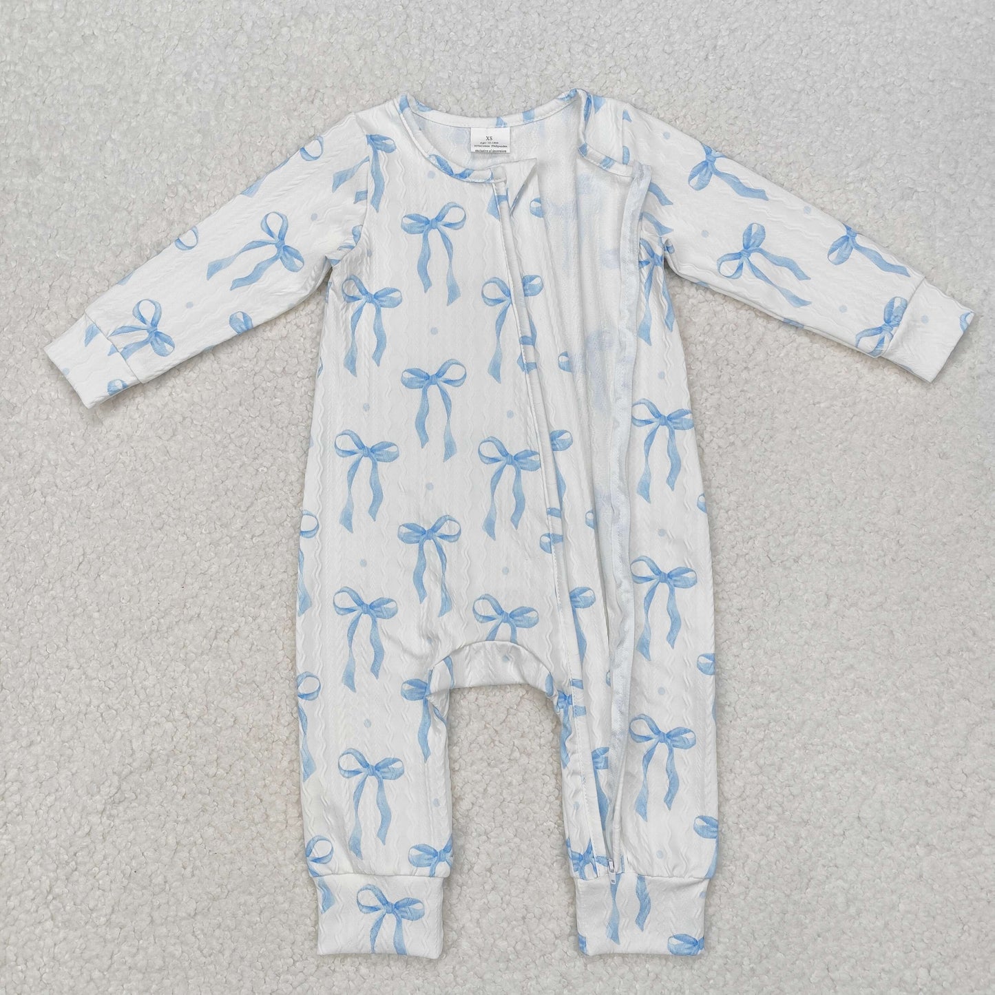 Baby Girls Long Sleeves Blue Bow Print Zipper Valentines Romper
