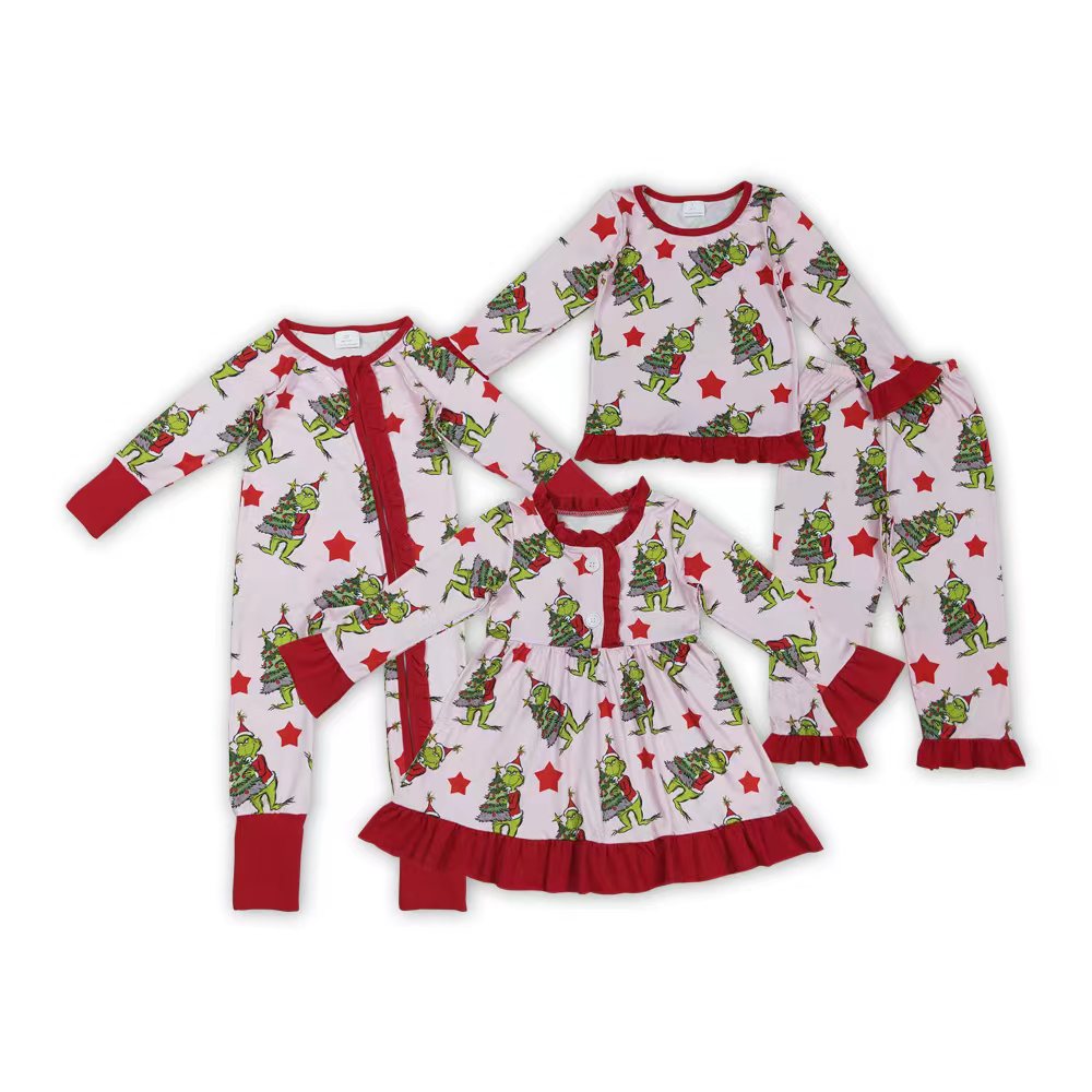 Sibling Girls Boys Christmas Green Face Tree and Tree Long Sleeve Clothing