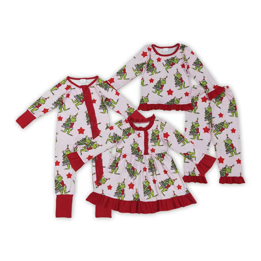 Sibling Girls Boys Christmas Green Face Tree and Tree Long Sleeve Clothing