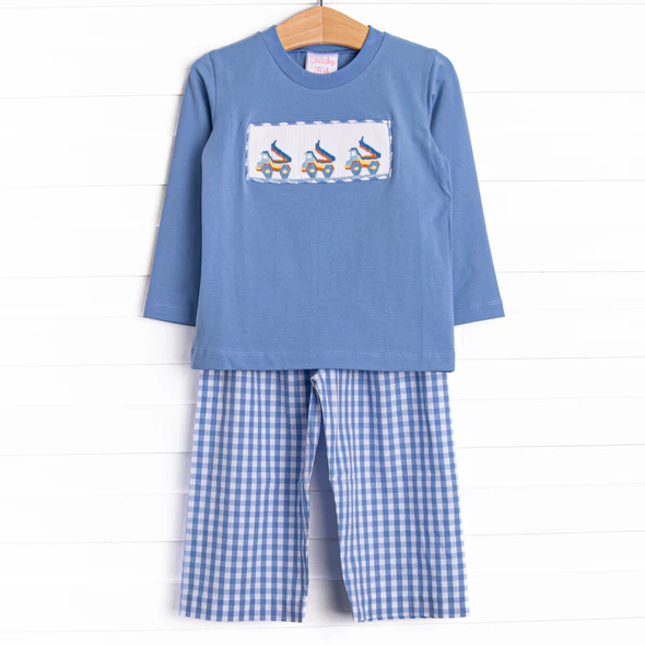 Baby Boys Construction Top Blue Gingham Pants Set 5 MOQ