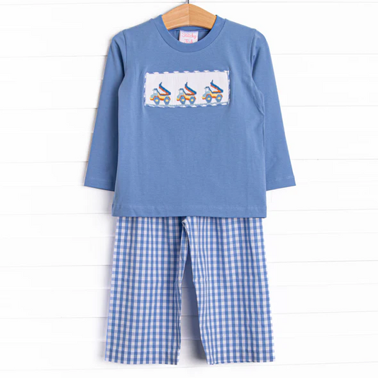 Baby Boys Construction Top Blue Gingham Pants Set 5 MOQ