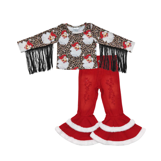 Baby Girls Christmas Tassel Shirt Red Denim Pants clothes sets