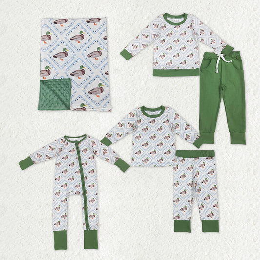Sibling Boys Green Ducks Checked Pajamas Clothes Set Zipper Romper Blankets