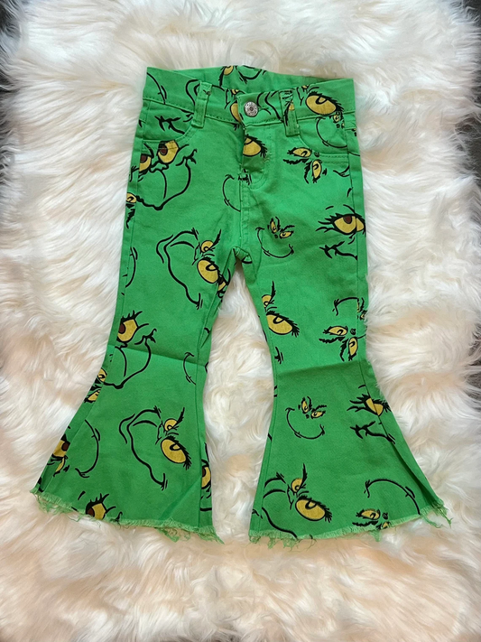 Kids Girls Green Face Pants Trendy Bell Bottom Flare Christmas