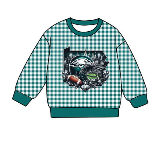 Preorder , 5 MOQ Baby Girls  Sport Team Green GIngham Long Sleeve Top