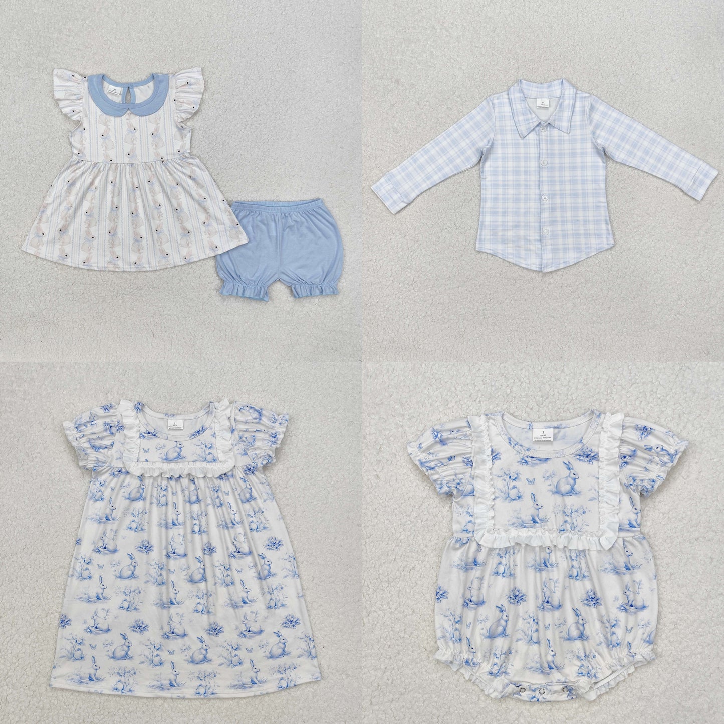 Sibling Baby Kids Blue Bunny Print Easter Dress Romper Shirt and Set