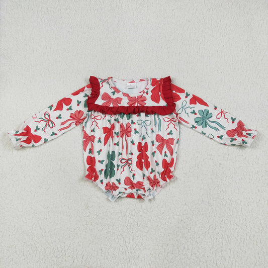 LR2203 Baby Girls Christmas Red Bow Long Sleeve Bubble Romper