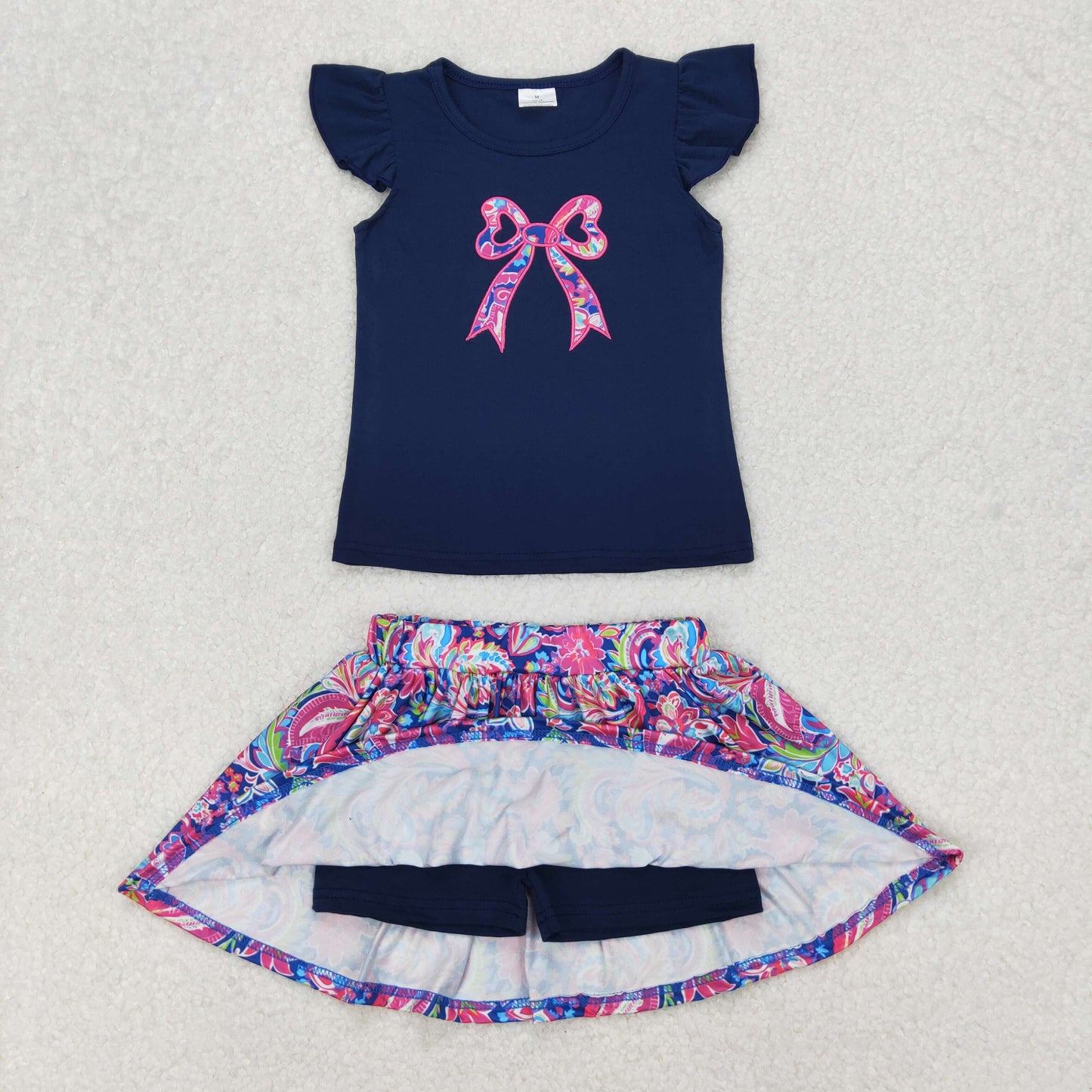 Baby Girls Navy Flutter Sleeves Embroidery Bow Top Watercolor Floral Skirt With Shorts Set