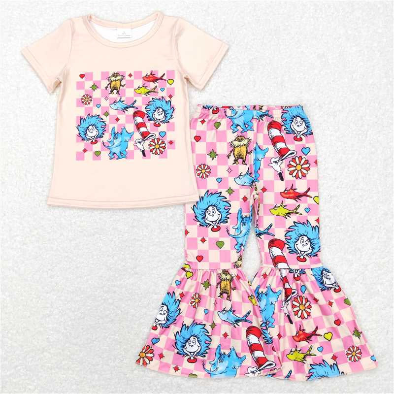 Baby Girls Peach Short Sleeves Dr Reading Top Pink Plaid Bell Bottom Pant Set