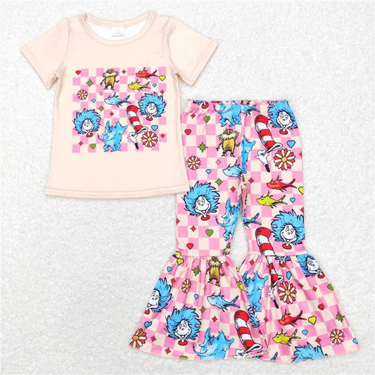 Baby Girls Peach Short Sleeves Dr Reading Top Pink Plaid Bell Bottom Pant Set