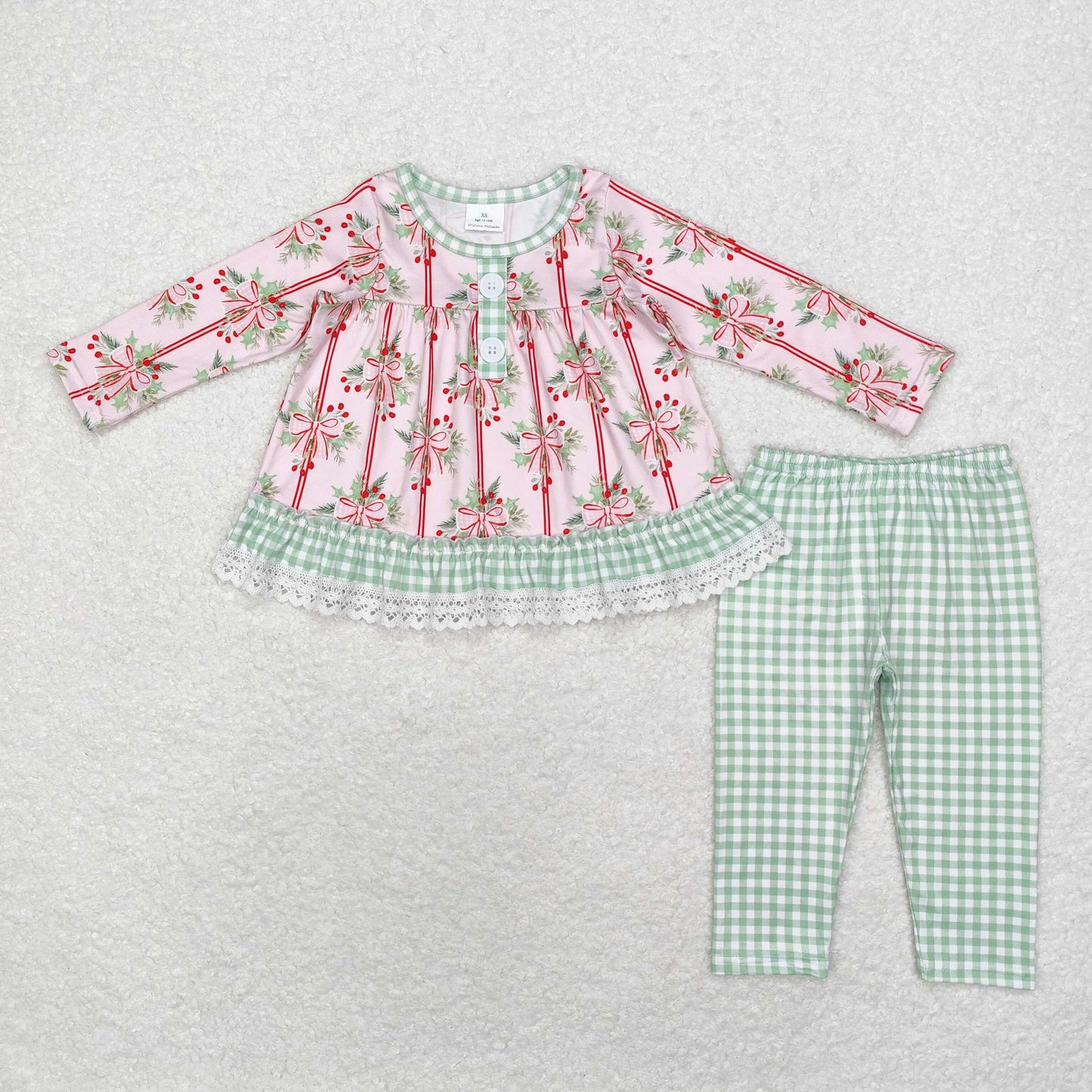 Baby Girls Christmas Holly Cow Tunic Top Green Gingham Pants Set