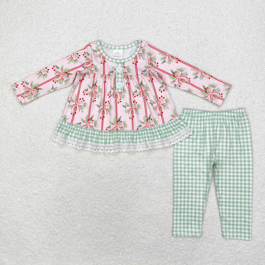 Baby Girls Christmas Holly Cow Tunic Top Green Gingham Pants Set