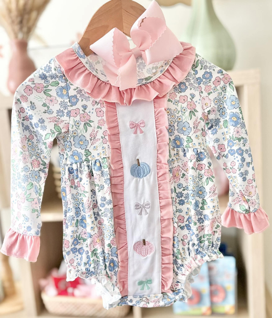 LR2273 Baby Girls Flowers Pumpkin Long Sleeve Bubble Romper