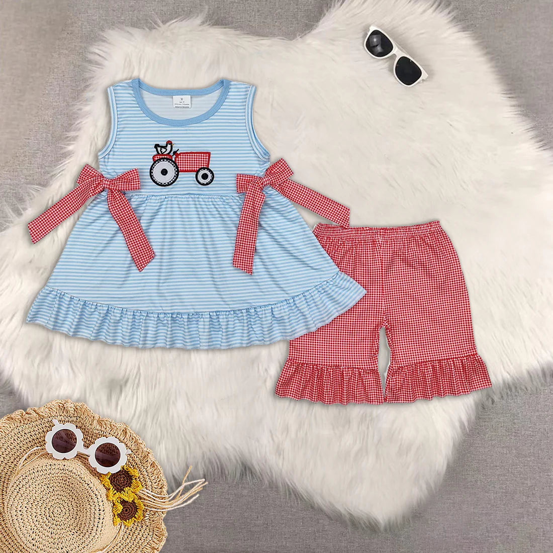 Toddler Baby Sibling  Embroidery Farm Chicken Shorts Set Romper