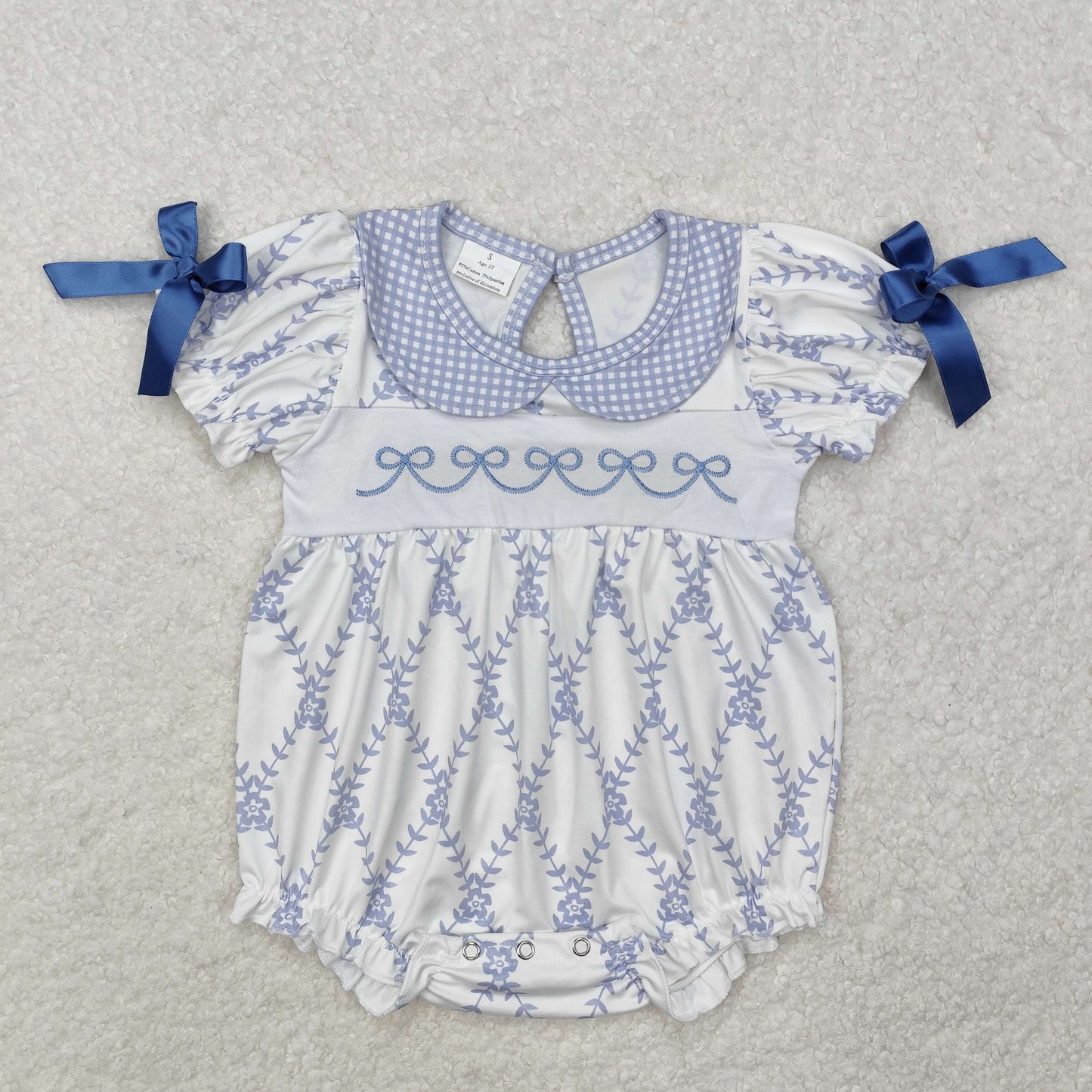 Newborn Baby Girls Blue Embroidery Floral Bow Short Sleeves Valentines Romper
