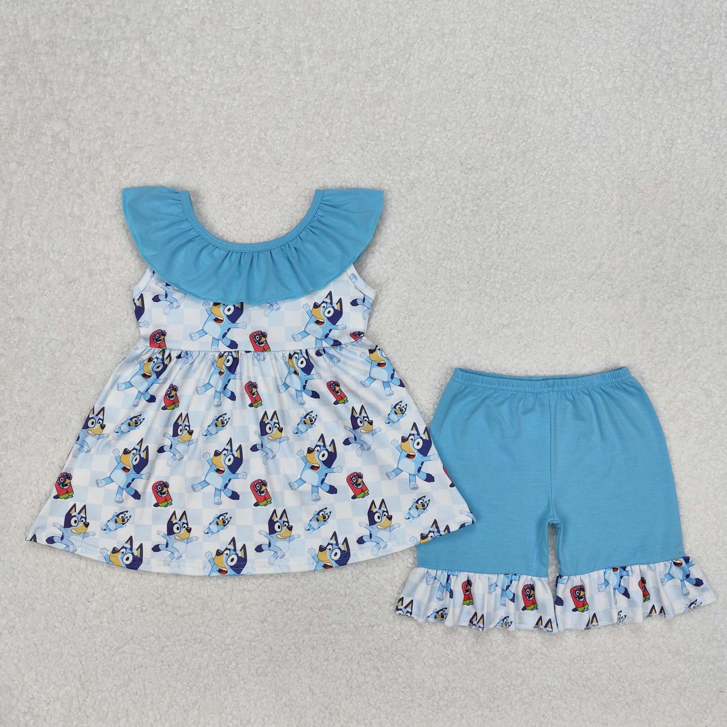 Baby Girls Blue Sleeveless Plaid Cartoon Dogs Tunic Ruffle Short Set