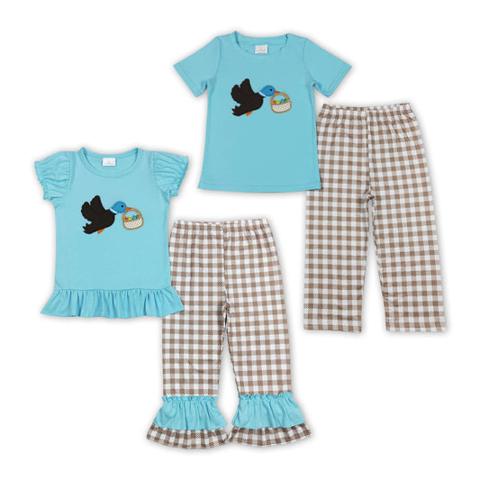 Sibling Baby Girls Boys Blue Short Sleeves Embroidery Duck Eggs Top Khaki Plaid Pant Easter Set