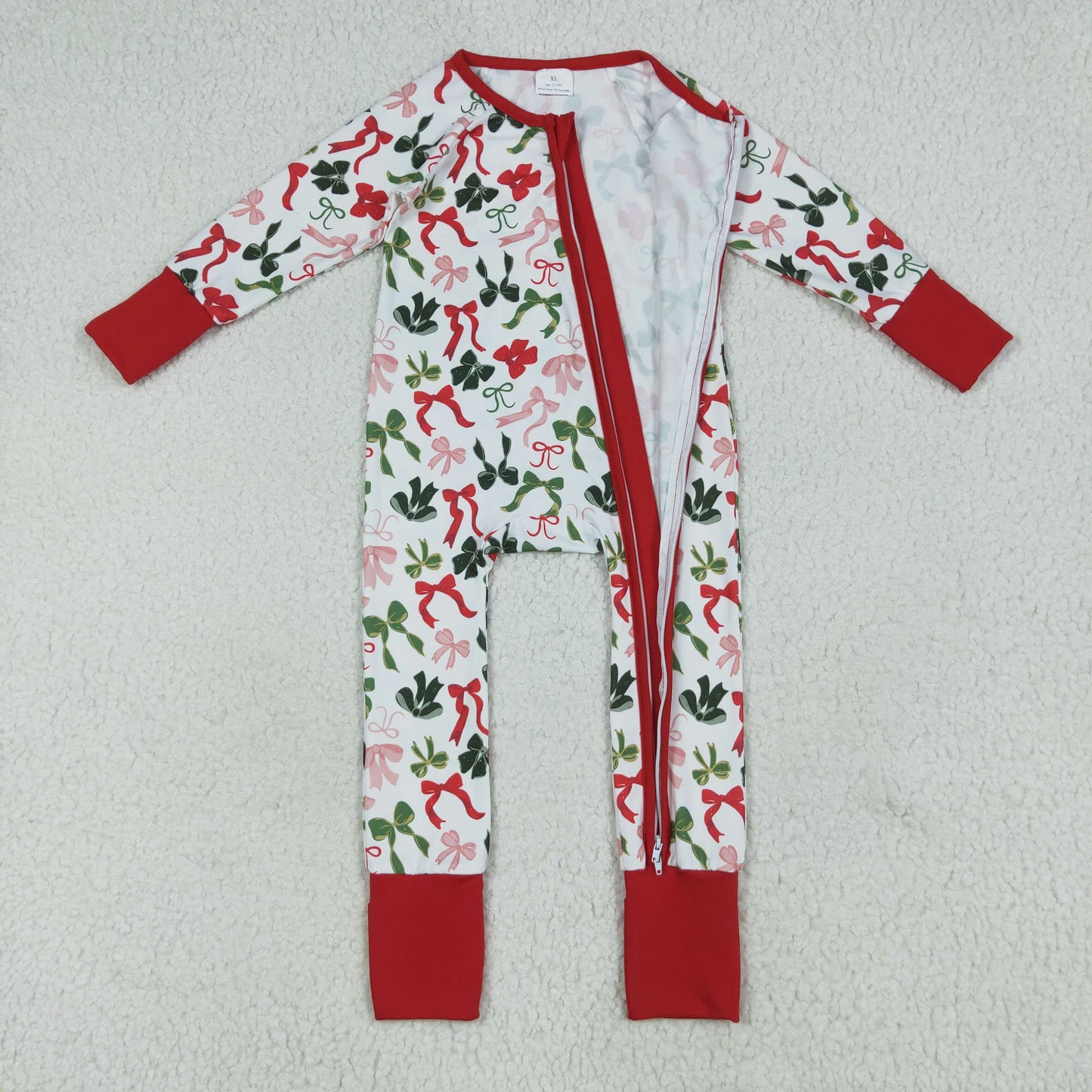 LR2203 Baby Girls Christmas Bow Long Sleeve Zip Footie Romper