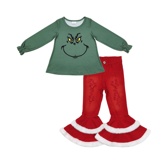 Baby Girls Christmas Green Face Top Red Denim Pants Set