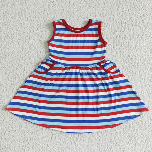 4th Of July Striped Sleeveless Dress With Pocket