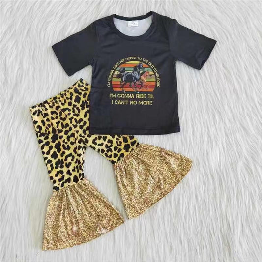 Promotion Girls Western Design Sequin Bell Bottom Pants Set