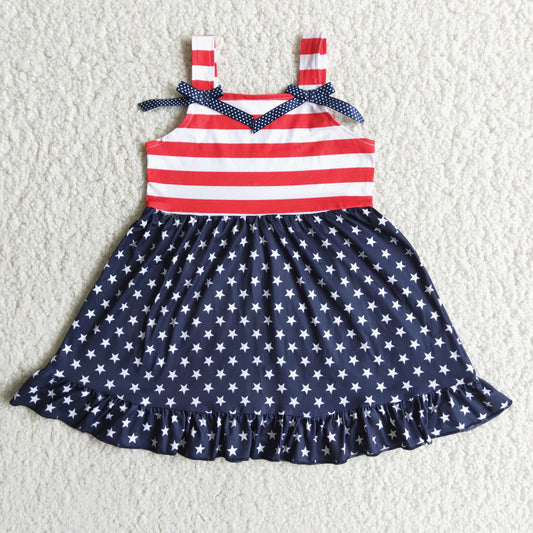 4th Of July Striped Sleeveless Dress  With Bow