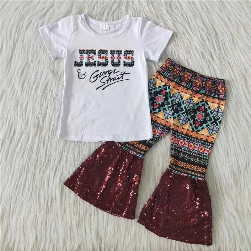 Jesus Sequin Ruffle Pants Outfit For Baby Girls