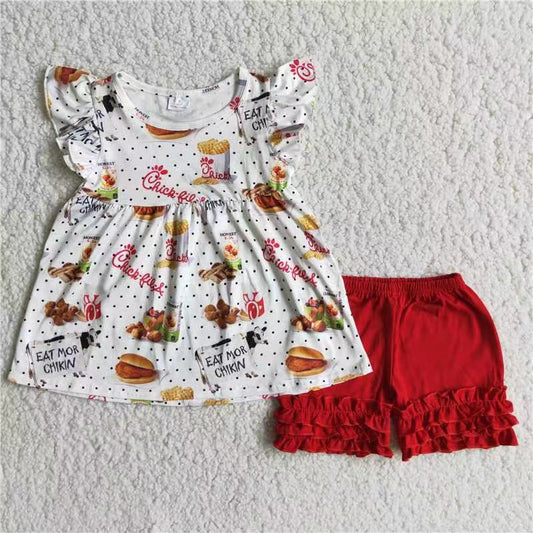 Sumemr Baby Girls Chicken Red Ruffle Shorts Set